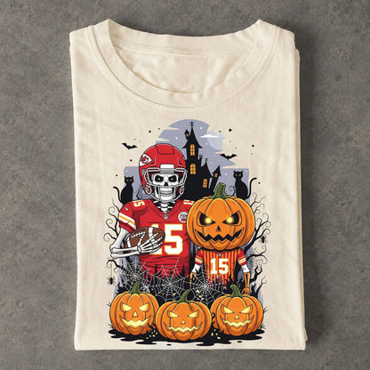 Chiefs Skeleton Pumpkin Haunted House Halloween Football Tee