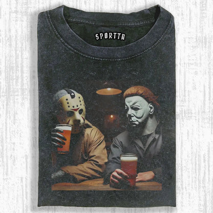 HORROR ICONS HANGING OUT AT THE BAR THEMED T-SHIRT