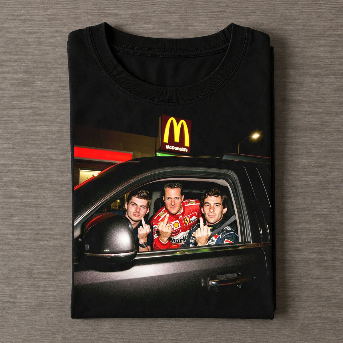 Max Verstappen Michael Schumacher Ayrton Senna Middle Finger Car Meme Vintage Tee