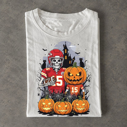 Chiefs Skeleton Pumpkin Haunted House Halloween Football Tee