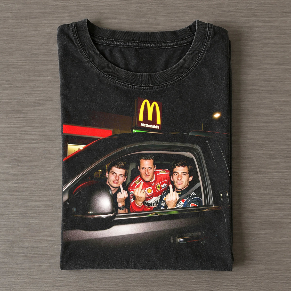 Max Verstappen Michael Schumacher Ayrton Senna Middle Finger Car Meme Vintage Tee