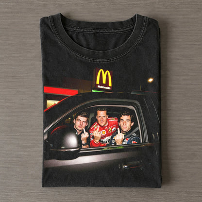 Max Verstappen Michael Schumacher Ayrton Senna Middle Finger Car Meme Vintage Tee